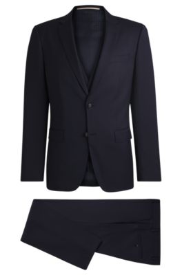 Slim-fit three-piece suit in patterned wool, Dark Blue