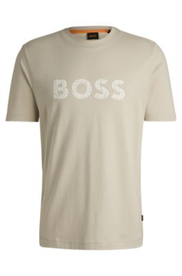 Cotton-jersey slim-fit T-shirt with logo print, Light Beige