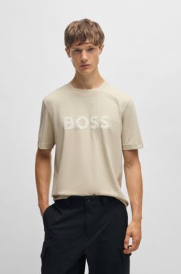 Cotton-jersey slim-fit T-shirt with logo print, Light Beige