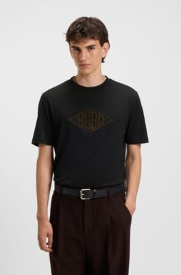 Cotton-jersey T-shirt with geometric logo embroidery, Black