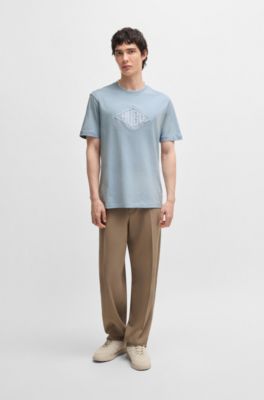 Cotton-jersey T-shirt with geometric logo embroidery, Light Blue