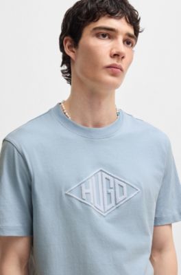 Cotton-jersey T-shirt with geometric logo embroidery, Light Blue
