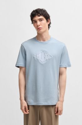 Cotton-jersey T-shirt with geometric logo embroidery, Light Blue