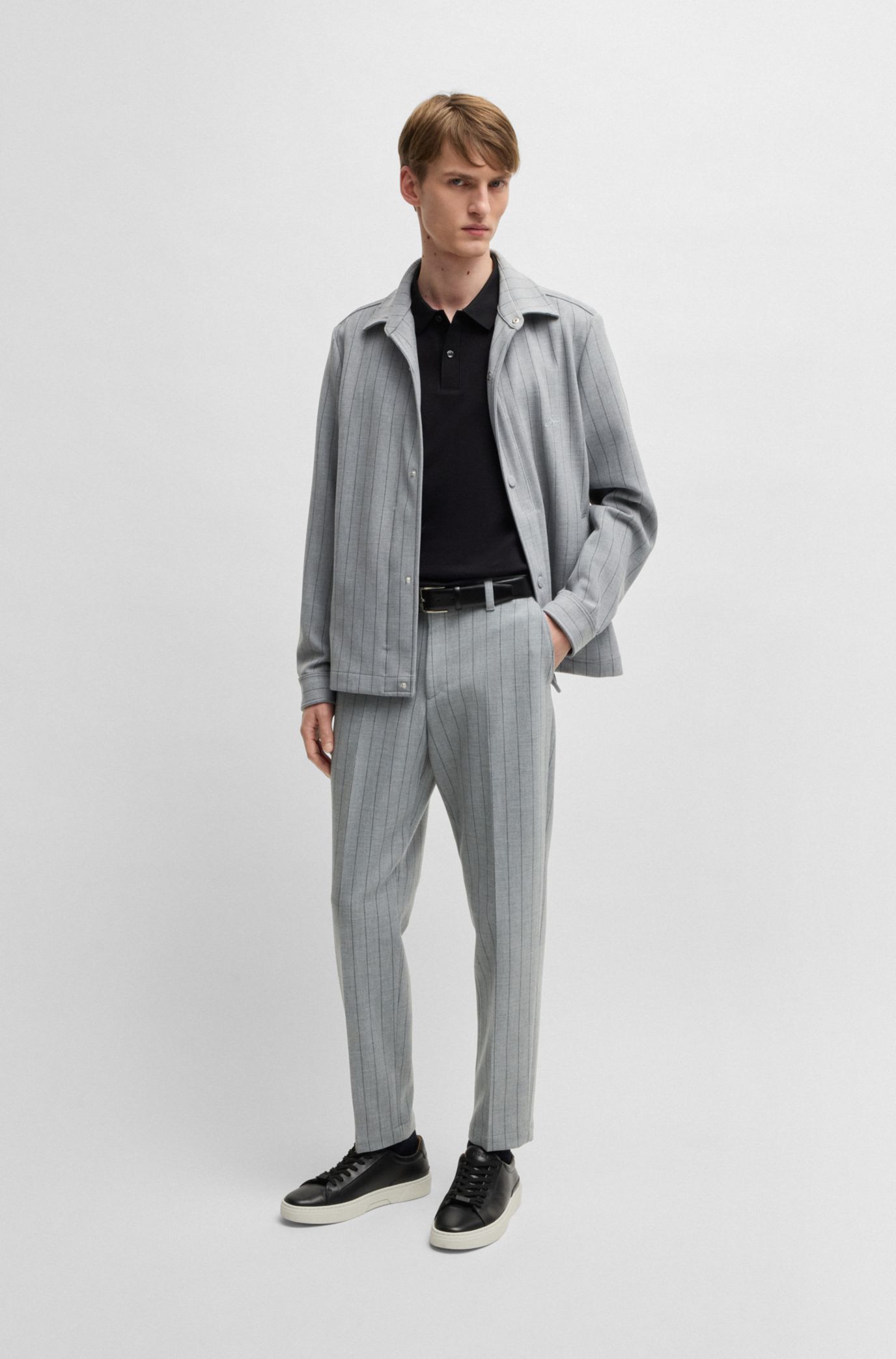 BOSS - Relaxed-fit overshirt with stripe and script logo - Grey