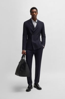 Blazer slim fit estampado de mezcla de lana, Azul oscuro