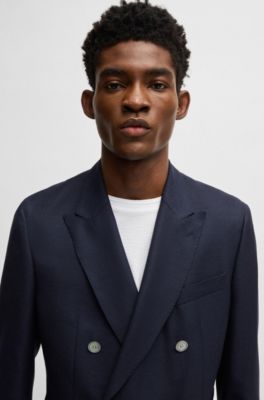 Blazer slim fit en lana virgen con dibujo, Azul oscuro