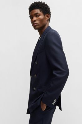 Blazer slim fit en lana virgen con dibujo, Azul oscuro