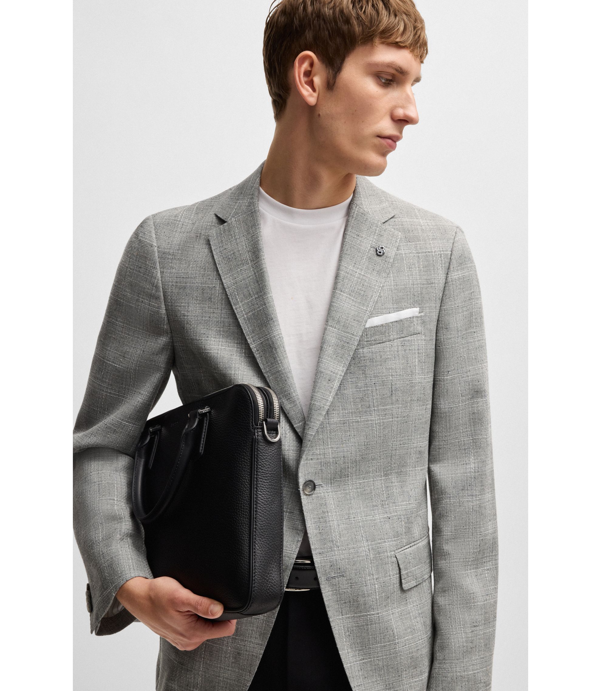 BOSS - Slim-fit suit jacket in a checked wool blend - Light Grey