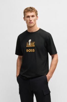 Camiseta BOSS x NFL de algod&oacute;n el&aacute;stico con ilustraci&oacute;n dorada, Negro