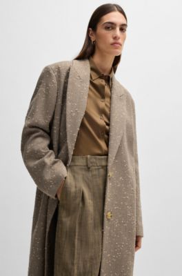 Herringbone-tweed coat with concealed closure in wool , Beige