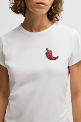 Camiseta ajustada de algod&oacute;n con chile con tachuelas de cristal, Blanco