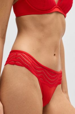 Tanga con ribete de encaje y detalle de logo, Rojo