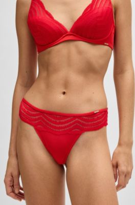 Tanga con ribete de encaje y detalle de logo, Rojo