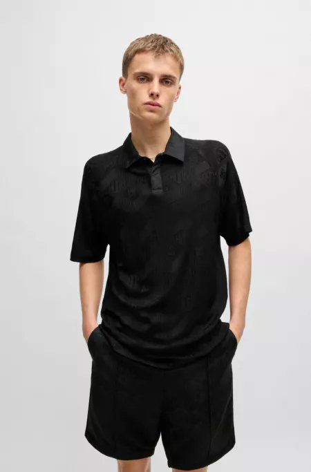 Logo-pattern polo shirt with contrast placket