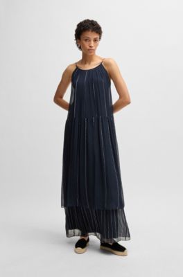 Tiered striped dress with silk, Dark Blue