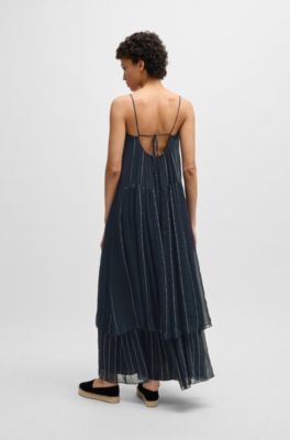 Tiered striped dress with silk, Dark Blue