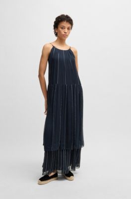 Tiered striped dress with silk, Dark Blue