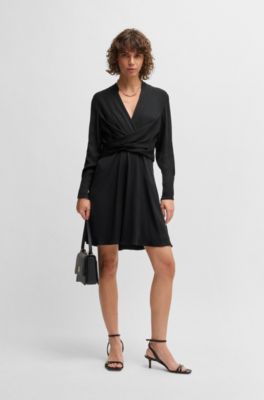 Wrap-front dress with stand collar, Black