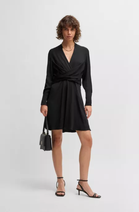 Wrap-front dress with stand collar