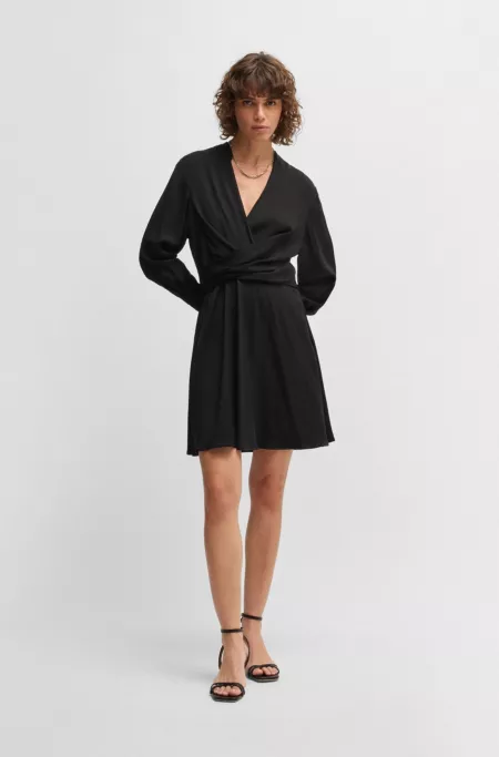 Wrap-front dress with stand collar