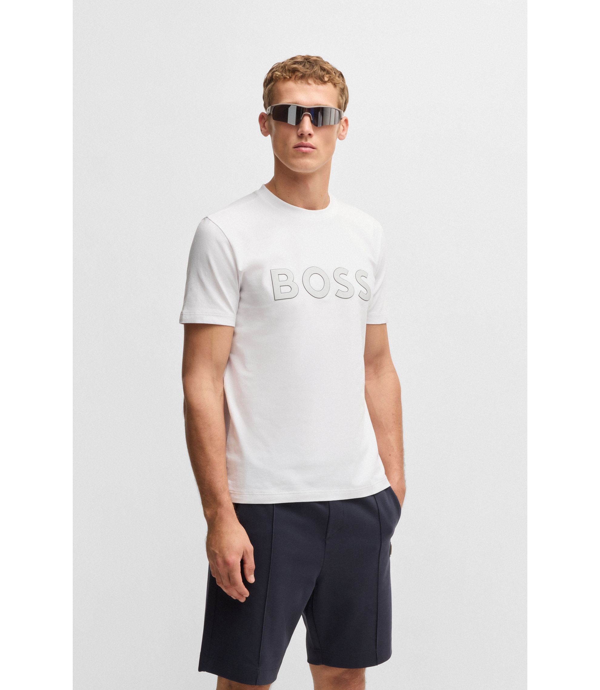 BOSS - Stretch-cotton T-shirt with large logo - White