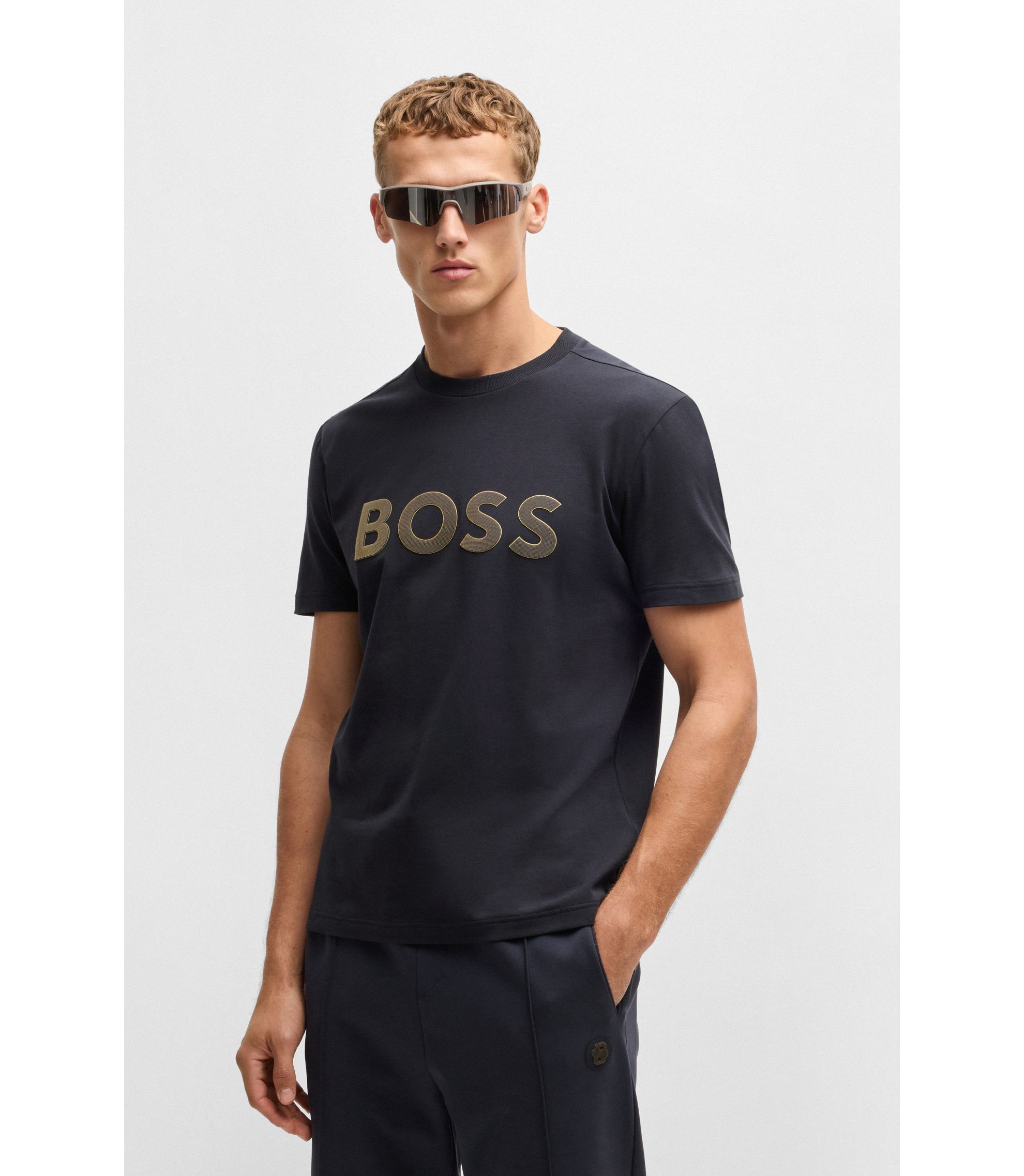 BOSS - Stretch-cotton T-shirt with large logo - Dark Blue