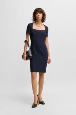 Square-neck slim-fit dress in stretch material, Dark Blue
