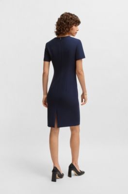 Square-neck slim-fit dress in stretch material, Dark Blue