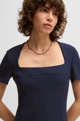 Square-neck slim-fit dress in stretch material, Dark Blue