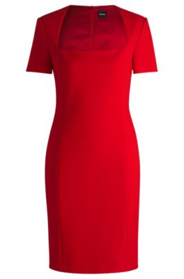 Vestido slim fit de material el&aacute;stico con escote rectangular, Rojo