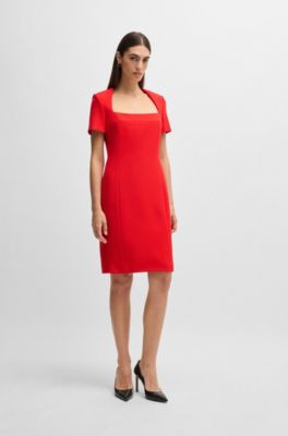Vestido slim fit de material el&aacute;stico con escote rectangular, Rojo