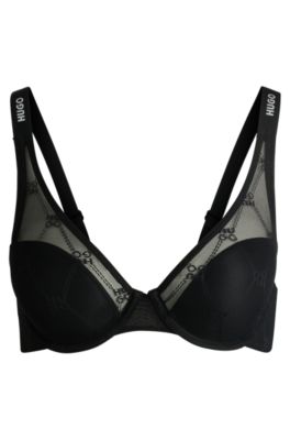 Signature-lace underwire bra with logo straps, Black