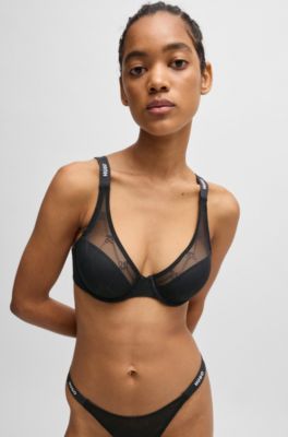 Signature-lace underwire bra with logo straps, Black