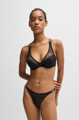 Signature-lace underwire bra with logo straps, Black