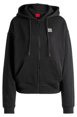 Cotton-terry zip-up hoodie with stacked-logo embroidery, Black