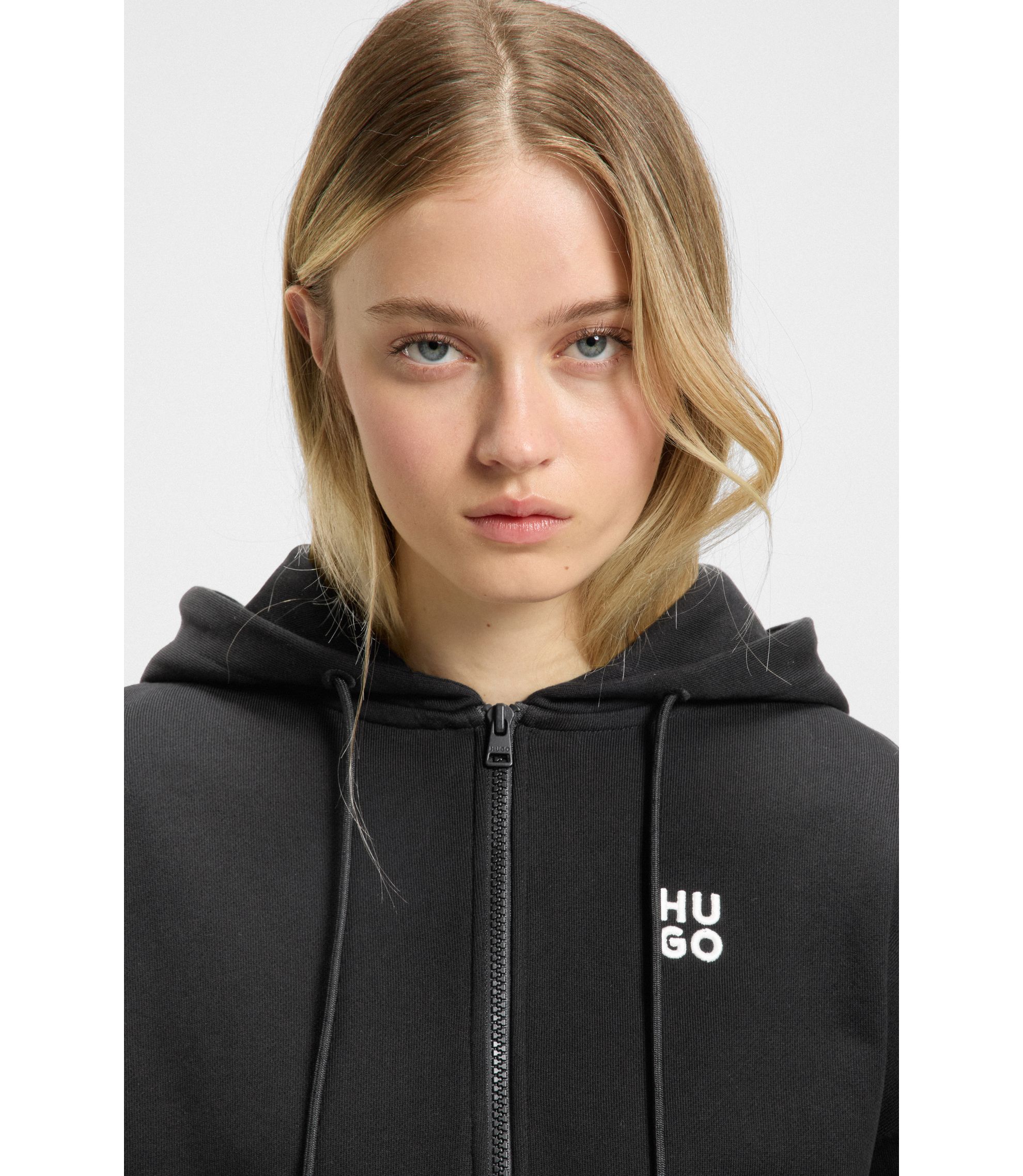 HUGO - Embroidered-logo zip-up hoodie in cotton terry - Black