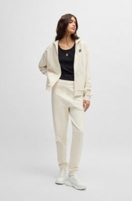 Prenda con capucha y cremallera en felpa de algod&oacute;n con logo apilado bordado, Blanco