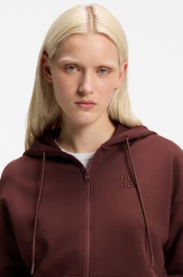 Cotton-terry zip-up hoodie with stacked-logo embroidery, Brown