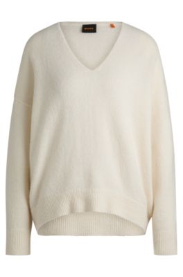 Wool-blend relaxed-ft sweater with V neckline, White