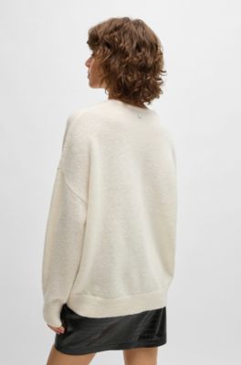 Wool-blend relaxed-ft sweater with V neckline, White