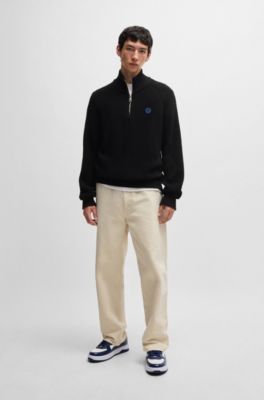 Quarter-zip relaxed-fit sweater in ribbed-knit cotton, Black