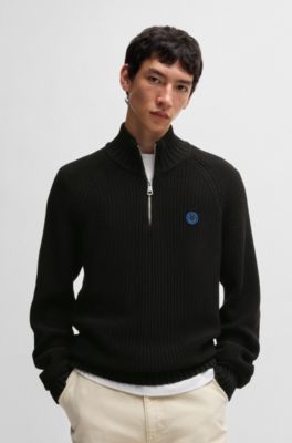 Quarter-zip relaxed-fit sweater in ribbed-knit cotton, Black