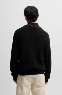 Quarter-zip relaxed-fit sweater in ribbed-knit cotton, Black