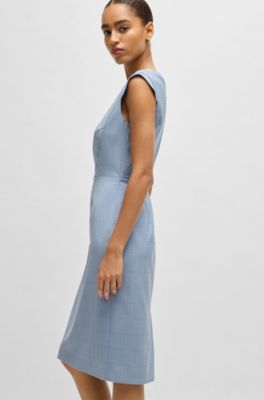 Vestido business entallado de lana virgen a cuadros, Celeste