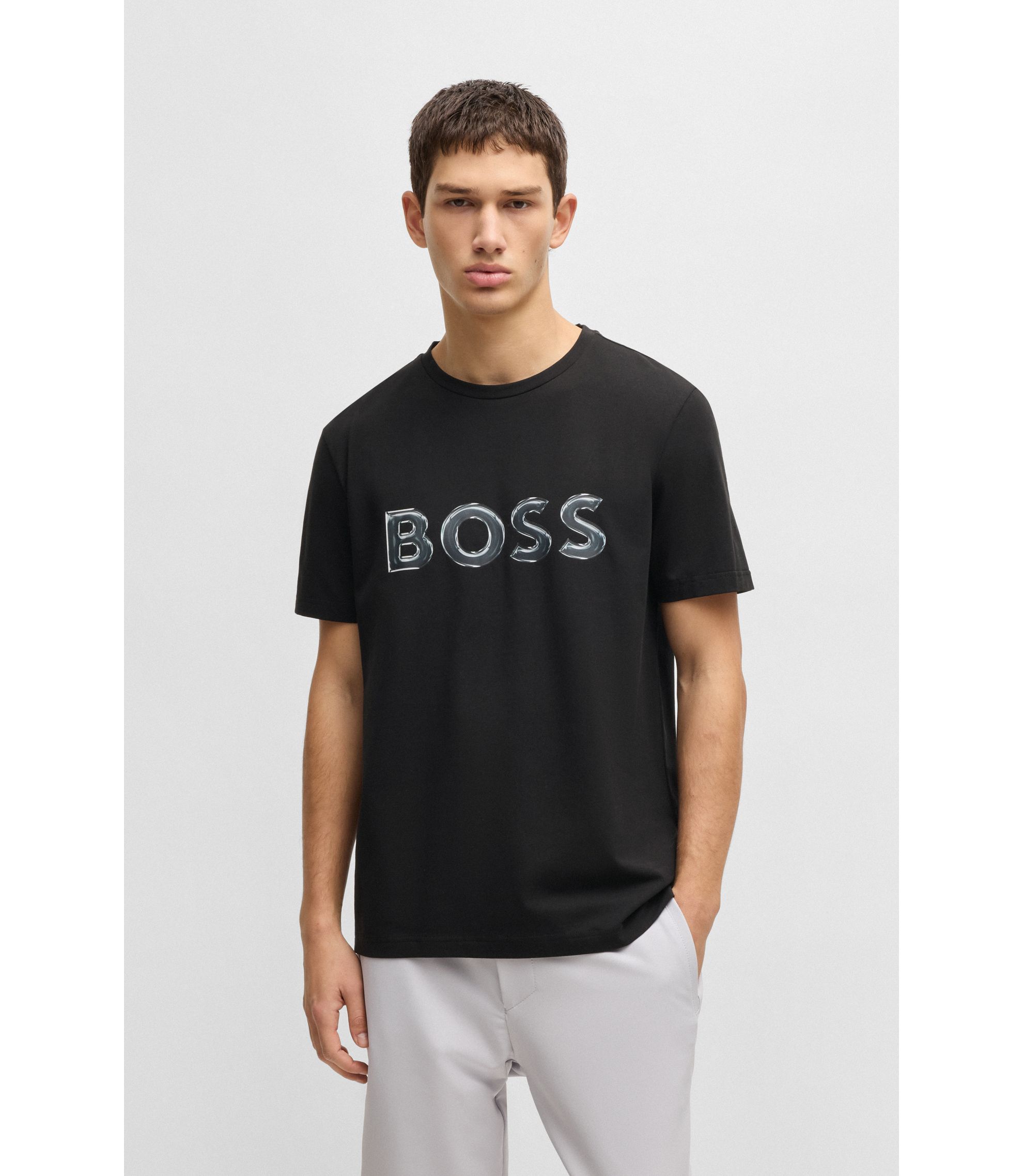 BOSS - Stretch-cotton T-shirt with photo-print logo - Black