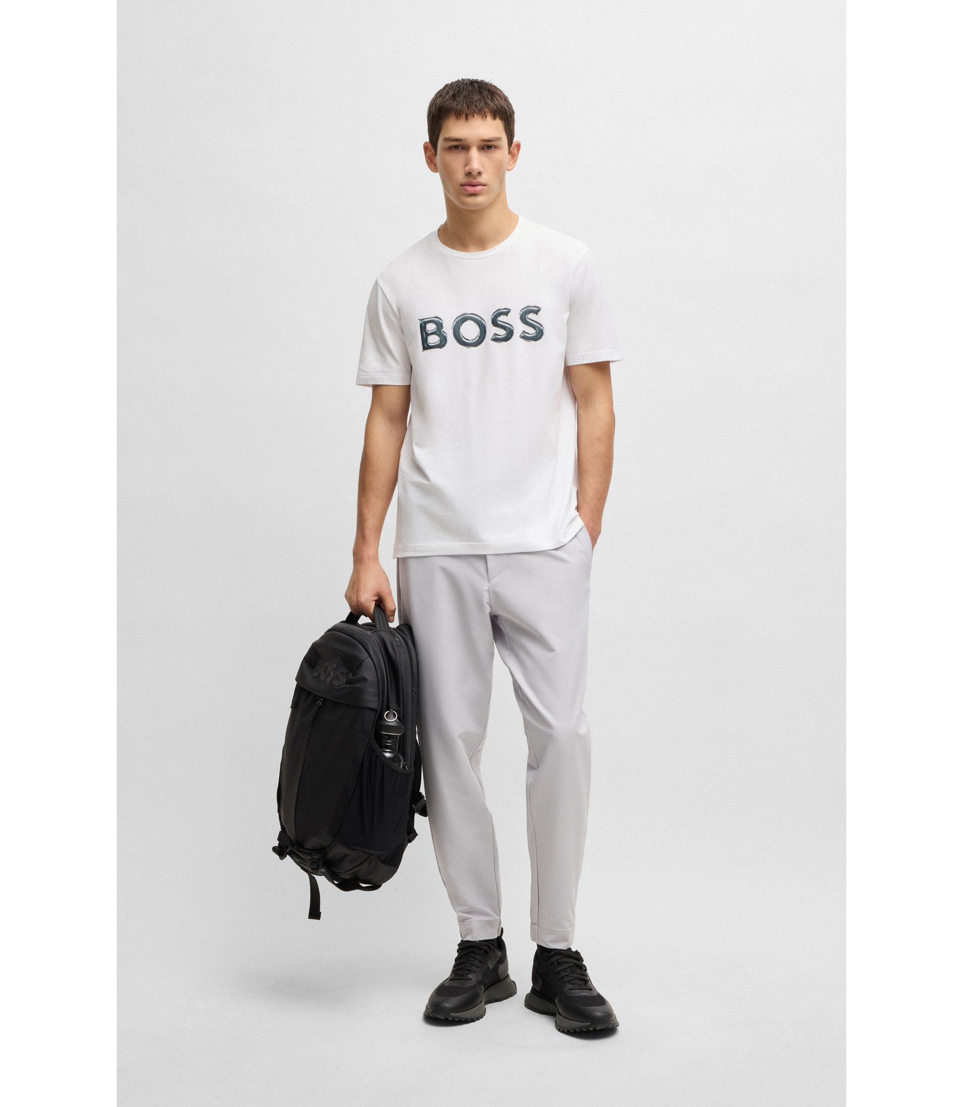 BOSS - Stretch-cotton T-shirt with photo-print logo - White