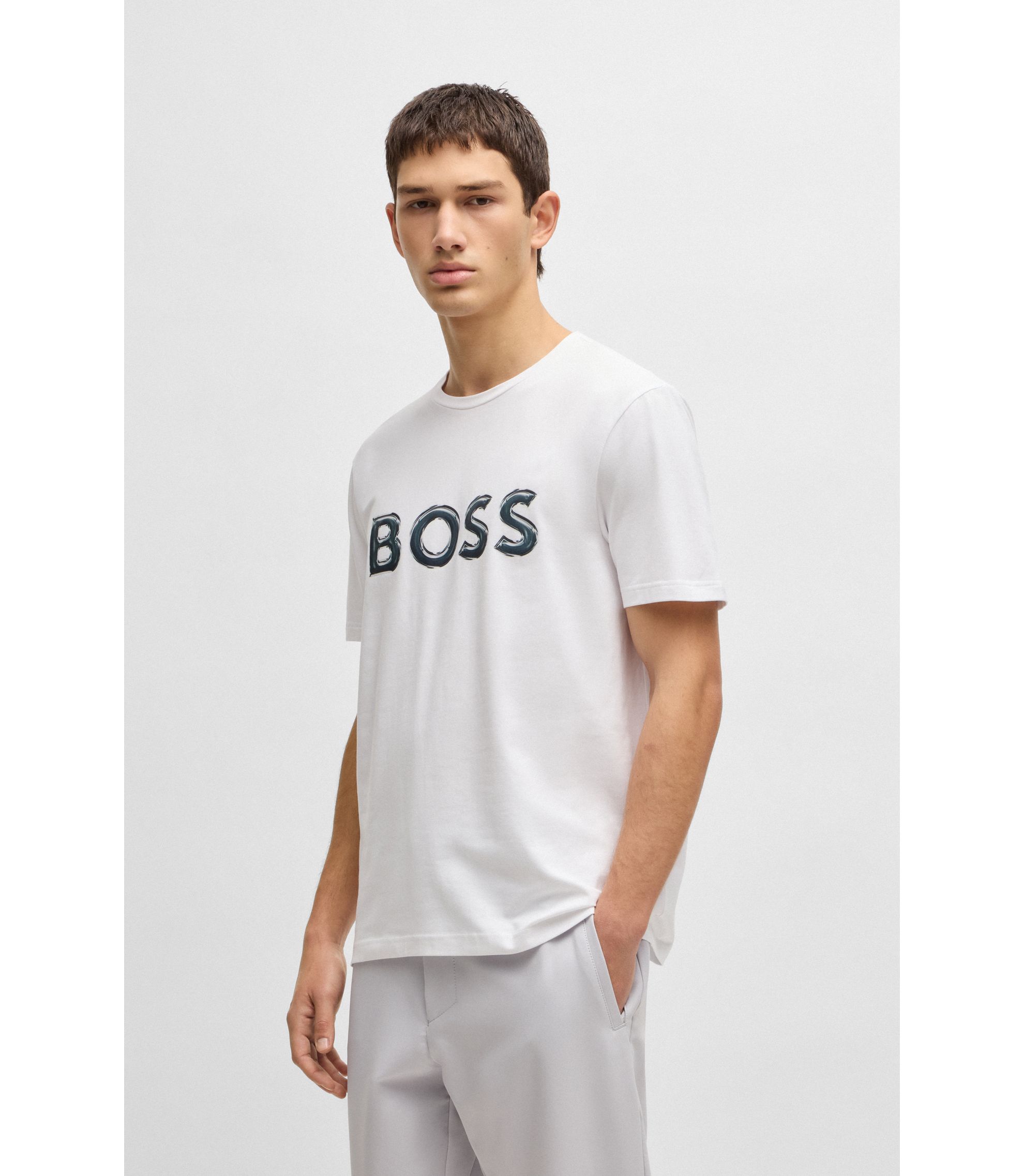 BOSS - Stretch-cotton T-shirt with photo-print logo - White