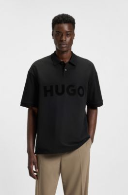 Oversize-fit polo shirt in cotton with tonal logo, Black