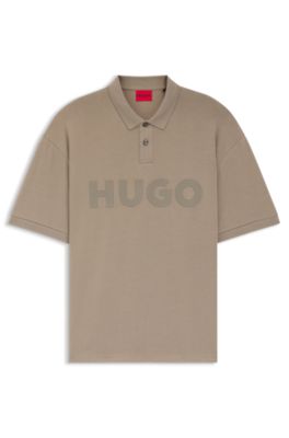 Oversize-fit polo shirt in cotton with tonal logo, Light Brown