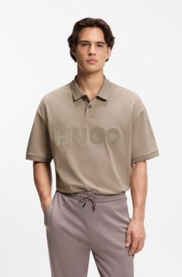 Oversize-fit polo shirt in cotton with tonal logo, Light Brown